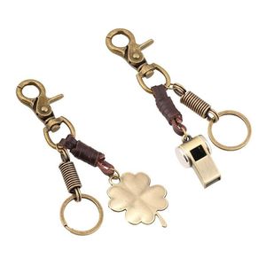 Keychains Lanyards Vintage Leather Keychain Creative Four Leaf Clover Whistle Alloy Key Chain Pendant Lage Decoration Keyring Drop DHJ6T