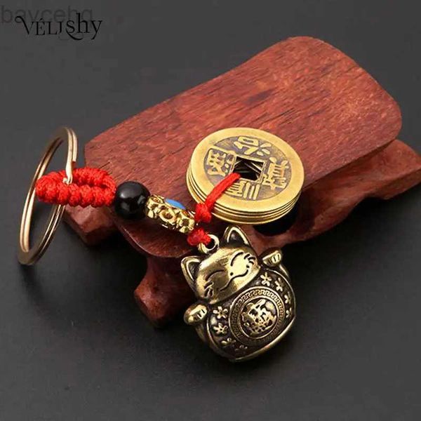Keychains Lanyards Vintage Pure Handmade Brass Lucky Cat Car Keychain Lucky Cat Five Empeors Money Keychain Feng Shui Coins Solid Lucky Key Ring D240417