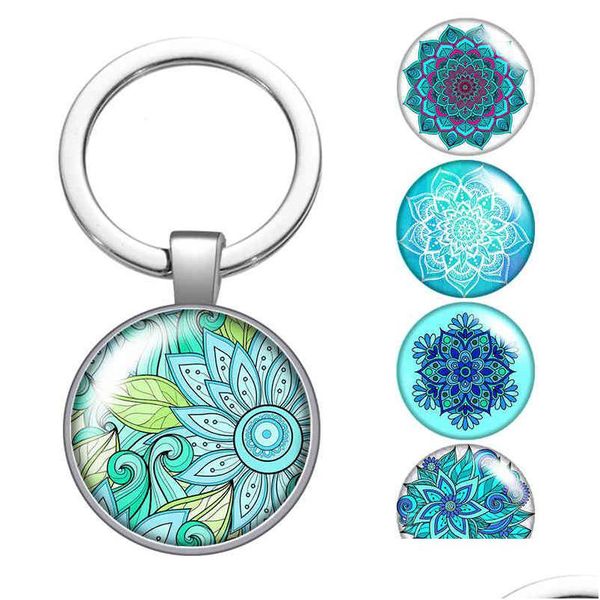 Porte-clés Lanyards Water Blue Patterns Flower Pattern New Glass Cabochon Keychain Bag Car Key Rings Holder Sier Plaqué Chaînes Hommes Wo Dhwwf