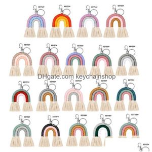 Sleutelhangers Lanyards Weven Regenboog Sleutelhanger Voor Vrouwen Handgemaakte Sleutelhouder Sleutelhanger Rame Tas Charme Auto Hangende Sieraden Decoratie Acc Dh4Zy