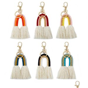 Keychains Lanyards Weven Rainbow Keychains voor vrouwen Boho Handgemaakte sleutelhouder Keyring Rame Bag Charm Auto Hangende sieraden Geschenken 1 DH8AC