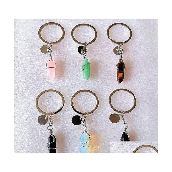 Porte-clés Longes Fil Wrap Hexagone Prisme Reiki Guérison Pierre Naturelle Chakra Améthyste Rose Rose Cristal Porte-clés Porte-clés Femmes Dh1Yq