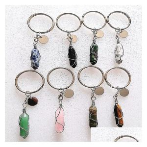 Sleutelhangers Lanyards Wire Wrap Reiki Healing Natural Shape Stone Chakra Amethyst Pink Rose Crystal Key Rings Sleutelhangers Vrouwen Mannen Jewe Dhpi3