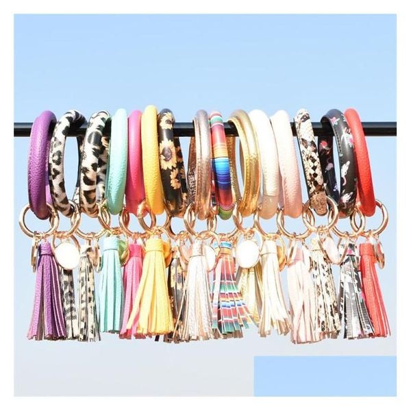 Llaveros Lanyards Mujeres Borlas Pulseras Pu Cuero Party Wrap Llavero Leopard Lily Print Cadena Pulsera Girasol Goteo Aceite Circ Otff4