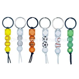 Porte-clés Longes En Bois Perlé Porte-clés Pendentif Sports Basketball Football Baseball Gland Perle Porte-clés Porte-clés Drop Delivery Dheix