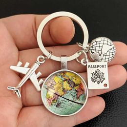 Keychains Lanyards Map World Map Keychain Travel Exploration Glass Dome Cabachon Aircraft charme Pendant Prendant Menchain Mens and Womens Gift Jewelry Kechechain.Y2405100BR9
