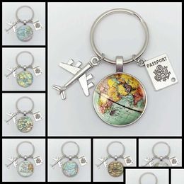 Keychains Lanyards Map World Map Keychain Travel Exploration Glass Dome Cabachon Aircraft Charm Pendent Mens and Womens Gift Jewelry Keyc DHPV2