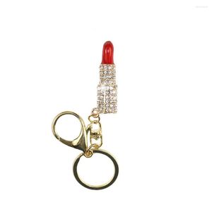 Keychains Lovely Crystal Lipstick Makeup Keyring Rhinestone Purse Bas Bag Charme hanger Keychain als cadeau