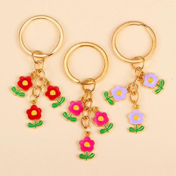 Porte-clés en métal avec fleurs en émail, accessoires pour femmes et filles, sac à main de voiture, chaînes douces