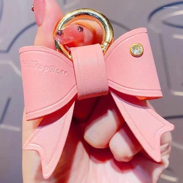 Llaveros Precioso Rosa Bowknot Llavero Colgante 3 Estilos Arco Coche Llavero Accesorios Suave Azul Cuero Llaveros Para Mujeres Joyería de Moda