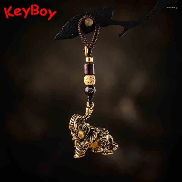 Porte-clés Lucky Elephant Handmade Pur Laiton Hommes Voiture Porte-clés Suspendu Corde Tressée Cuivre Animal Figurine Porte-clés Pendentifs Rétro Porte-clés