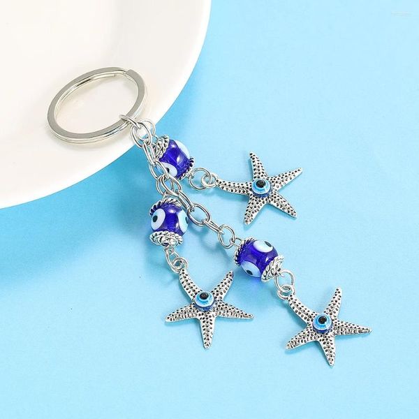 Keychains Lucky Starfish Blue Evil Eye Keychain pour les femmes et les hommes Turkey Amulet Marine Life Car Sac Clé Charmes Décor Bijoux de mode Cadeau