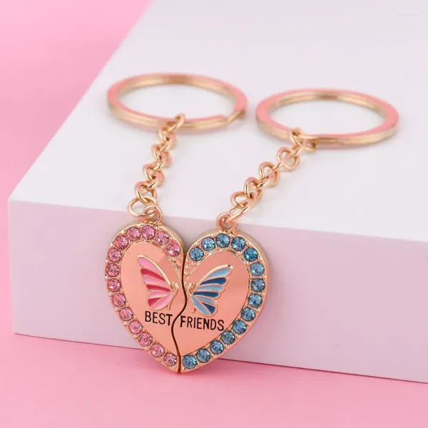 Keychains Luoluobaby 2pcs / Set Rhinestone Heart Broken Broken Butterfly Friend First pour enfants Girls Fashion Friendship Cadeaux