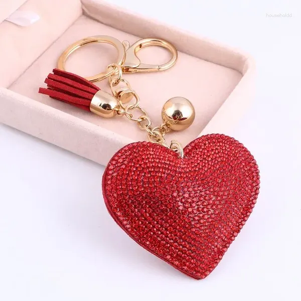 Llaveros de lujo Bling Rhinestone Forma de corazón Mujeres Niñas Llavero de cuero con borla para bolso Charms Mochila Accesorios