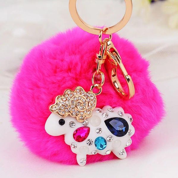 Porte-clés de luxe pompon moelleux boule cristal agneau animal métal porte-clés porte-clés bricolage sac charmes bijoux accessoires cadeau pour les femmes