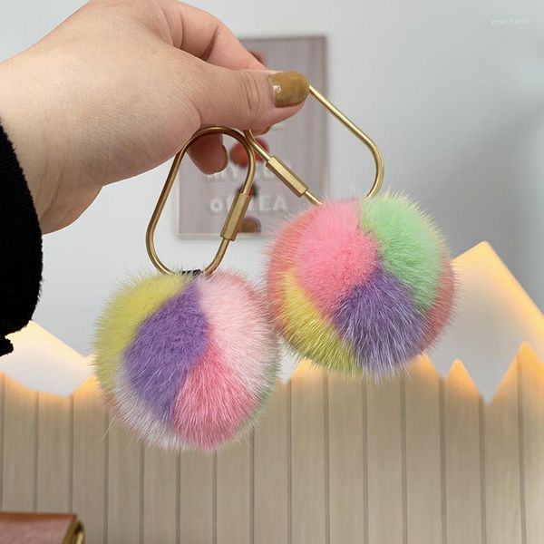 Porte-clés de luxe véritable vison pompon porte-clés femmes mignon boule multicolore jouet sac clé de voiture ornements véritable fourrure breloque anneau petite amie cadeau