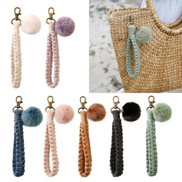 Llaveros Llavero de macramé Boho Pulsera hecha a mano Estilo rural Pom Muñequera Cordón Titular para mujeres Dropship