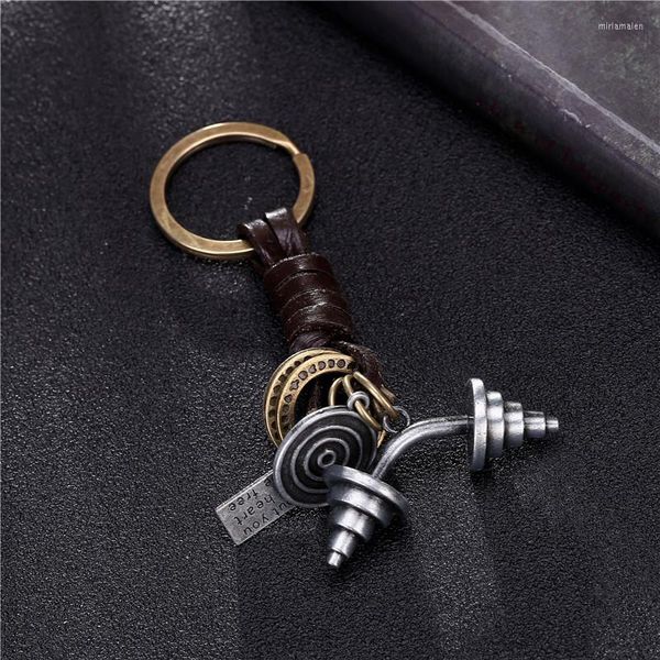 Porte-clés Homme Gym Outil Haltère Pendentif Bibelot Porte-clés Pour Moto Clés De Voiture Anneau En Laiton Métal Véritable Titulaire En Cuir Sur Un Sac