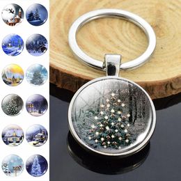 Porte-clés Joyeux Noël Porte-clés Mode Hiver Neige Cabine Arbre Image Double Face Verre Convexe Gem Pendentif Cadeau De Noël