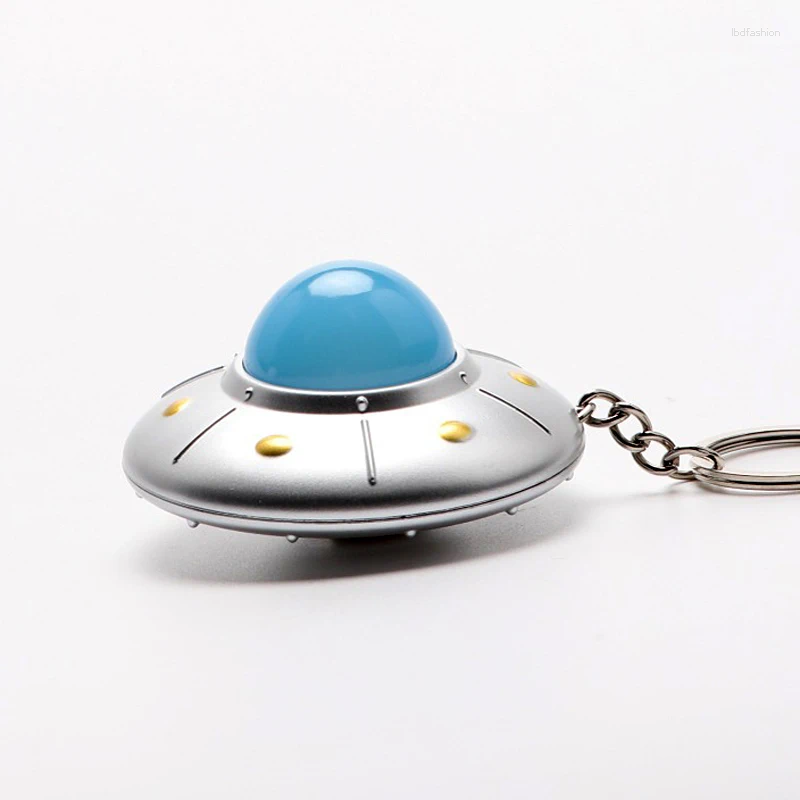Keychains Mini LED Light Flying Saucer Keychain Creative Spaceship Model Keyring Pendant Plastic Small Toy For Children Key Chain Ornament