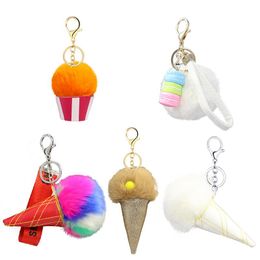 Keychains Multi-colour Pompom Hair Ball Keychain Gift Pendant Macaron Cone Cake Shape Creative Key Chain Ring Accessoires