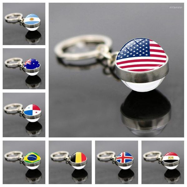 Porte-clés Drapeau National Verre Porte-clés Pendentif Football Temps Gem Double-Side Ball Car Key Chain K5150