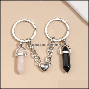 Keychains Natural Crystal Rose Quartz Stone Key Ring Love Heart Magnetic Button Keychains For Couple Friend Gifts Diy Handmade Jewelr Dhyhw