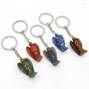 Keychains Natural Crystal Stone Keychain Cute Angel Figurine Hangende charme Opal Cherry Quartz Lapis Key Ring voor autobagaccessoires Lucky