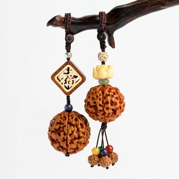 Llaveros Natural Rudraksha Beads Llavero de coche Original Cuerda trenzada a mano Signo de la suerte Lotus Key Holder Meditación Budismo Joyería Amuletos