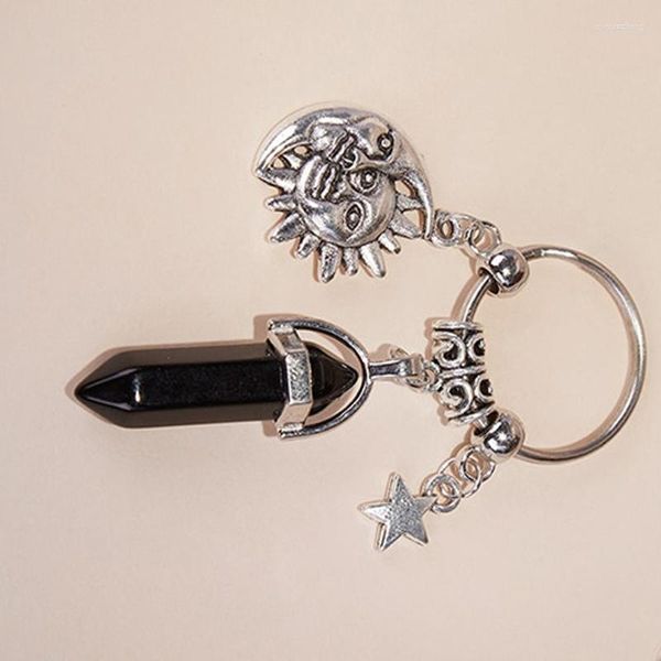 Porte-clés pierre naturelle colonne hexagonale Couple porte-clés femmes Quartz porte-clés avec soleil lune bibelot fête de mariage amant cadeau