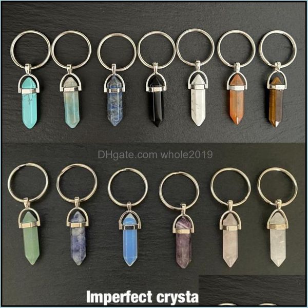 Keychains Stone Naturel Stone Hexagonal Prism Keys Rings Kelechains Healing Pink Crystal Car Decor Chain Have