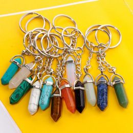 Keychains Stone Naturel Stone Hexagonal Prism Keychain Rose Quartz's Eye Opal Crystal Key Ring Chain Keyring