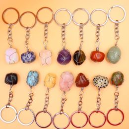 Keychains Natural Stone onregelmatige sleutelhanger voor mannen Auto Key Chain Ring Bag Accessoires Draad Wrap Women Reiki -sieraden