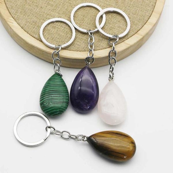 Porte-clés Pierre Naturelle Goutte D'eau Cristal Agate Porte-clés Mode Bagages Pendentif En Acier Inoxydable Clés Bague Qualité Bijoux En Gros 1pc