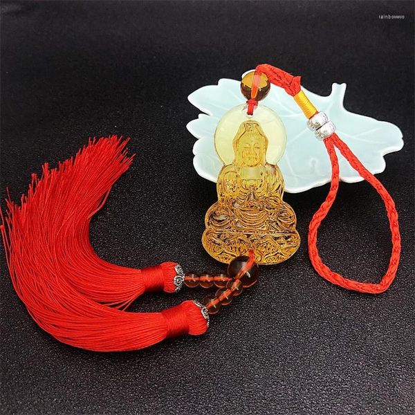 Porte-clés Naturel Jaune Quartz Sculpté Bouddha Chanceux Amulette Pendentif Voiture Guan Yin Maitreya Auto Intérieur Rétroviseur Décoration