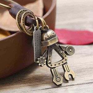 Porte-clés Nouvelle marque de mode en cuir véritable Punk Vintage Robot pendentif porte-clés en alliage Robot hommes en cuir personnalité bijoux en gros T220909