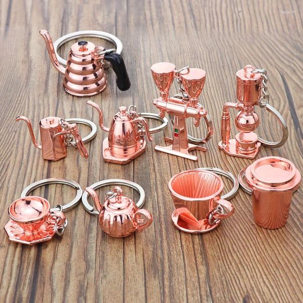 Keychains Novely Coffee Keychain Mini Moka Pot de metal Metal Cadena Utensil Costensil Regalo miniatura