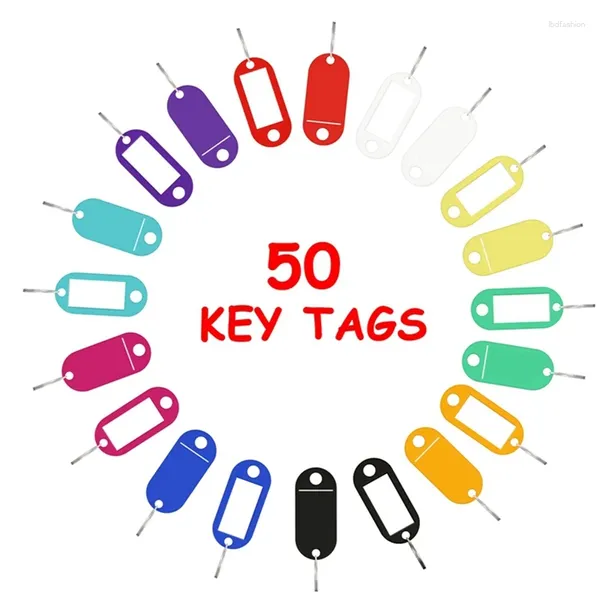 Porte-clés Pack de 50 porte-clés inscriptibles 2,2 x 5 cm Anneaux en plastique colorés avec fenêtre d'étiquette pour les bureaux à domicile