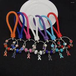 Porte-clés PBR119 rose/blanc/rouge/bleu/violet/orange ruban sensibilisation au cancer cristal résine fleur perles chaîne bricolage porte-clés en cuir