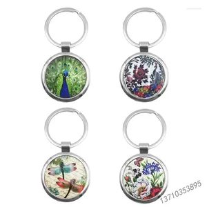 Keychains Peacock Keychain Bird Feather Matchs 25 mm Glass Cabochon Sac Car Chain-Chain Ring Holder Charmes