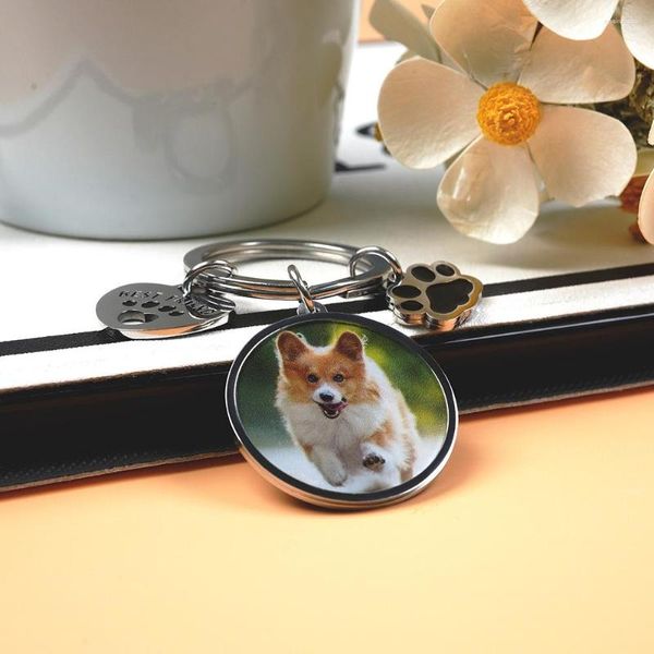Porte-clés personnalisé pendentif pour animaux de compagnie souvenir porte-clés personnalisé Po lettres en acier inoxydable 30MM carte ronde bricolage porte-clés