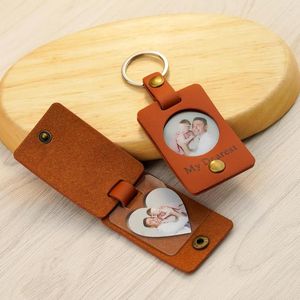 Porte-clés personnalisé bouton pression rond coeur acrylique Po porte-clés personnalisé Mini cuir pendentif porte-clés Couple amour anniversaire cadeaux