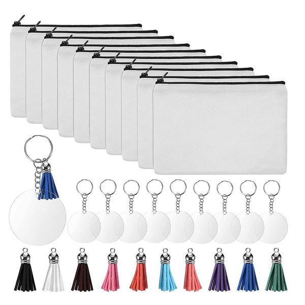 Keychains piezas sublimation en blanco bolsa bolsas de maquillaje de transferencia de calor de bricolaje planchar en lienzo de cremallera