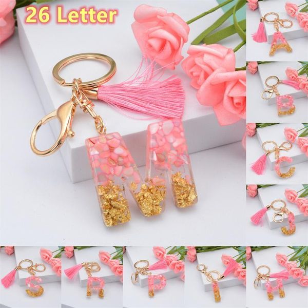 Llaveros Borla rosa Hoja de oro 26 Letra Colgante Llavero para mujeres Llaveros de resina Bolso para niñas Accesorios ornamentales Regalos Llaveros Emel22