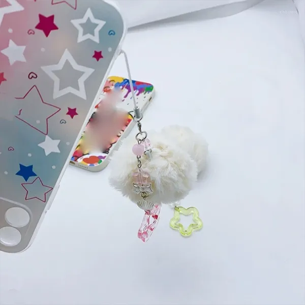 Llaveros Llavero de bola de pelo rosa / amarillo con colgante de estrella encantadora Encanto Accesorio portátil simple para teléfono celular para hombres y mujeres