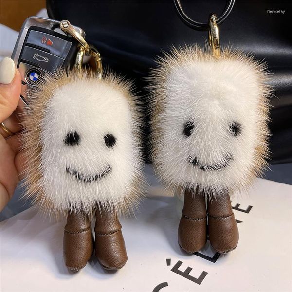 Porte-clés en peluche pain tranche jouet poupée bibelot vison vraie fourrure porte-clés femmes sac à dos pendentif à breloque bijoux clé de voiture anneau en métal mignon ornements