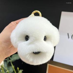 Porte-clés en peluche mignon tête de chien blanc réel Rex lapin fourrure porte-clés femmes sac à main pendentif chiot jouet voiture clé bibelots bijoux anneau en métal cadeau