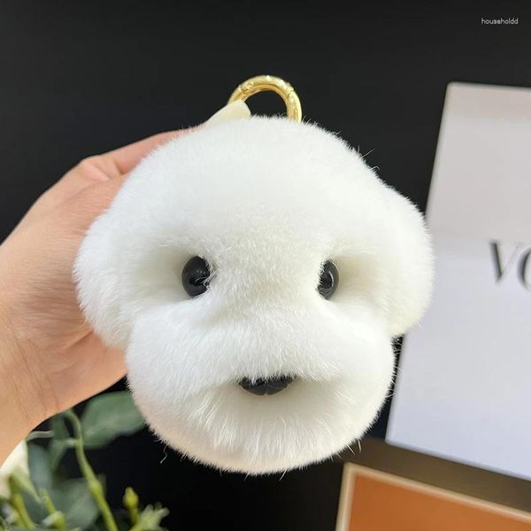 Llaveros Peluche Lindo Blanco Cabeza de perro Real Rex Conejo Piel Llavero Mujeres Bolso Colgante Cachorro Juguete Coche Llave Baratijas Joyería Anillo de metal Regalo