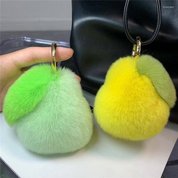 Porte-clés en peluche vraie fourrure porte-clés Rex Fruit poire mignon peluche enfants sac à main pendentif femmes voiture clé suspendus chaîne anneaux ornements