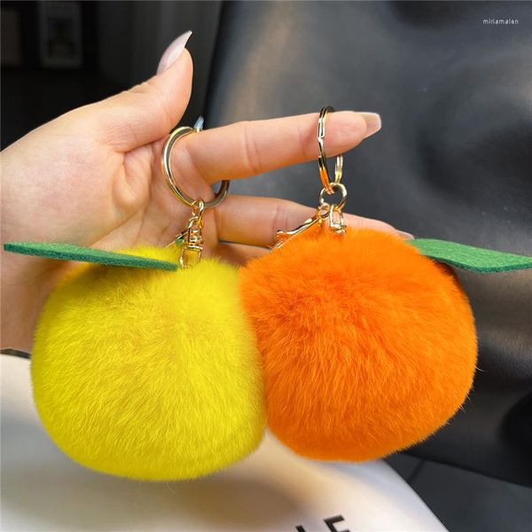 Porte-clés en peluche véritable fourrure de Rex porte-clés mignon mandarine bibelots femmes sac breloque citron fruits ornements voiture porte-clés bijoux pendentif